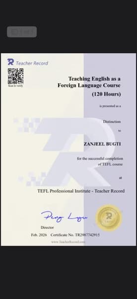 Verified degree or teaching certification of Zanjeel 