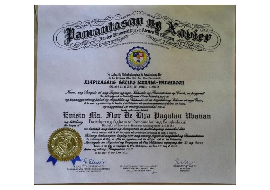 Verified degree or teaching certification of Enisia Ma. Flor de Liza 