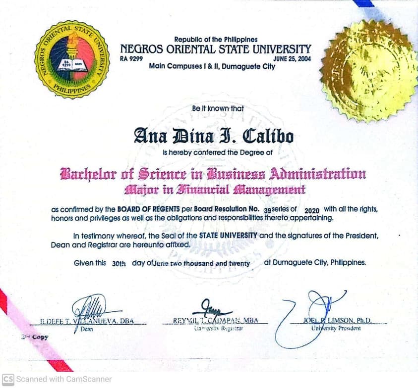 Verified degree or teaching certification of Ana Dina 