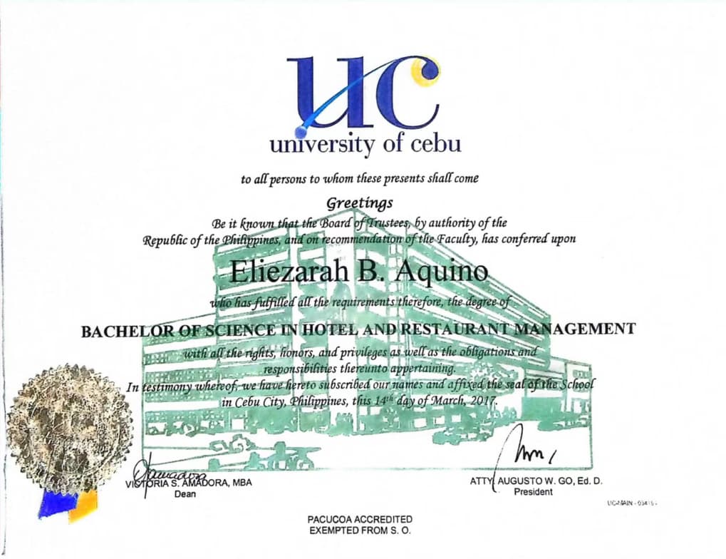 Verified degree or teaching certification of Eliezarah 