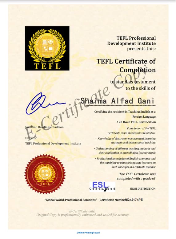 Verified degree or teaching certification of Shaima 