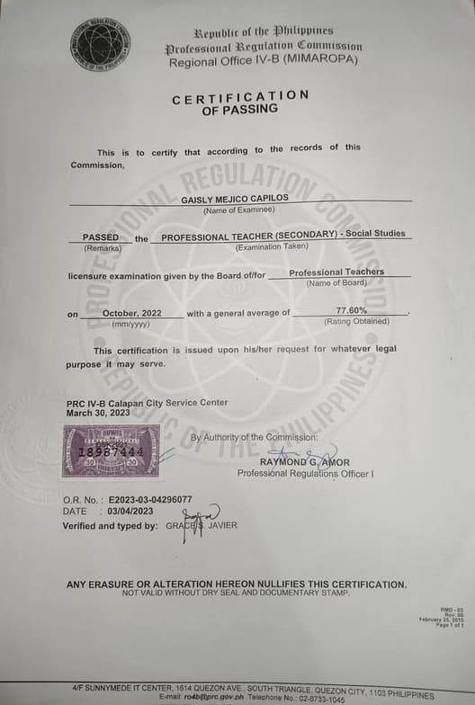 Verified degree or teaching certification of Gaisly 