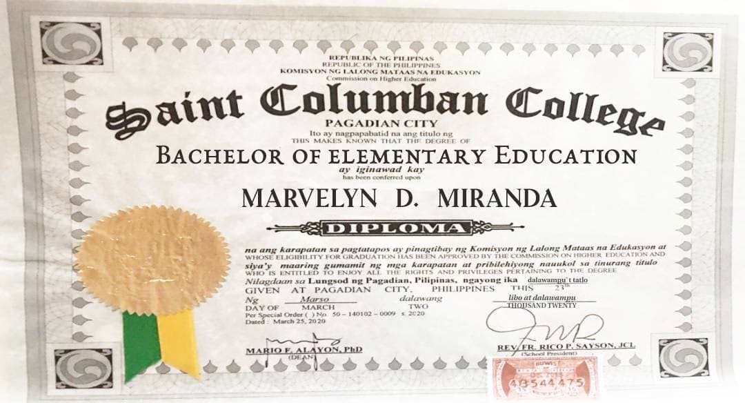 Verified degree or teaching certification of Marvelyn 