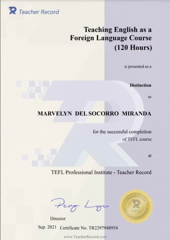 Verified degree or teaching certification of Marvelyn 