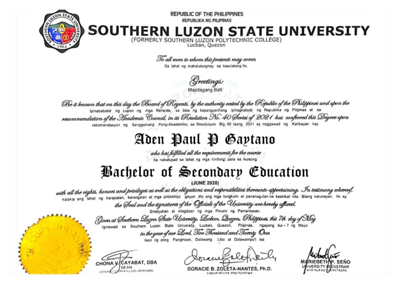 Verified degree or teaching certification of Aden Paul 