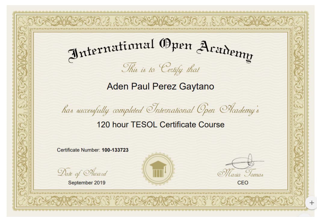 Verified degree or teaching certification of Aden Paul 