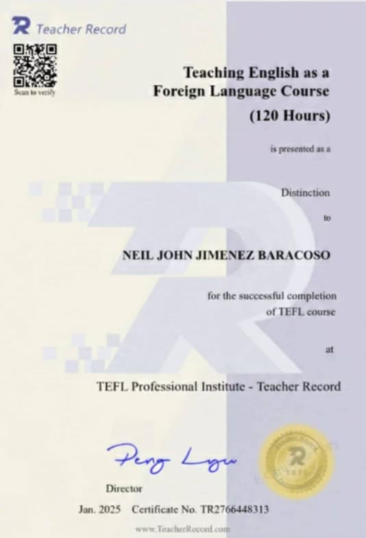 Verified degree or teaching certification of NEIL JOHN 