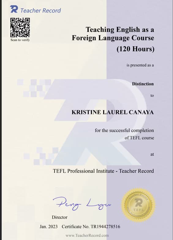 Verified degree or teaching certification of kristine 