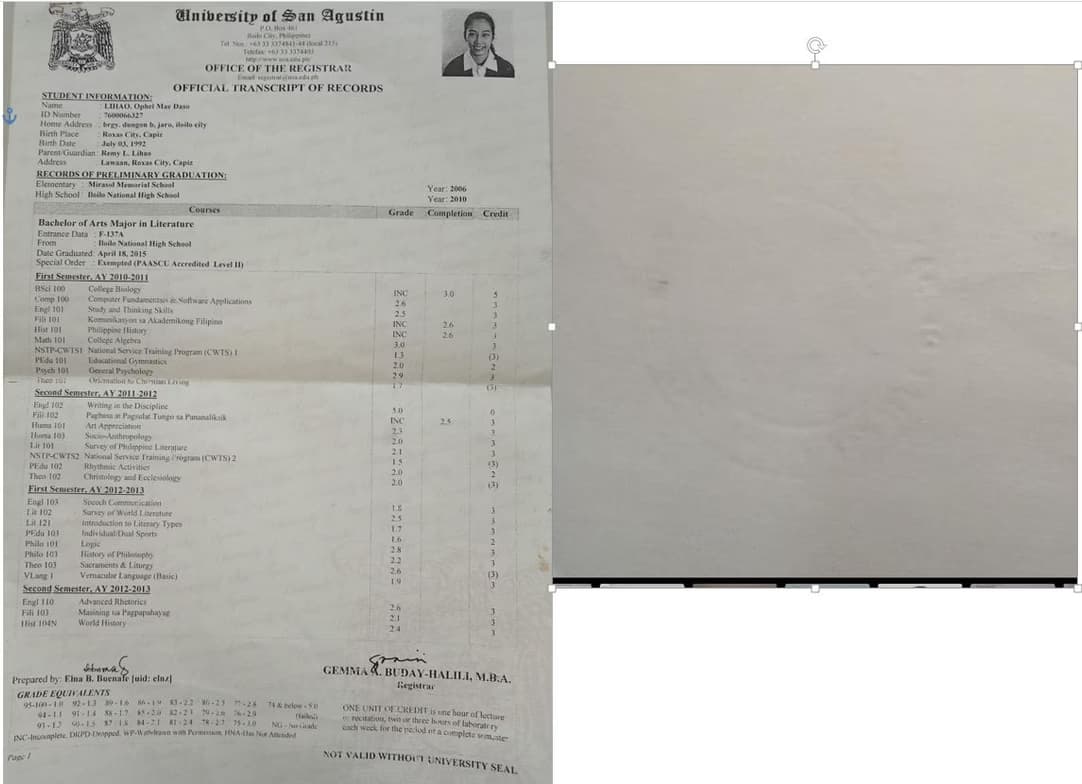 Verified degree or teaching certification of Ophel Mae 