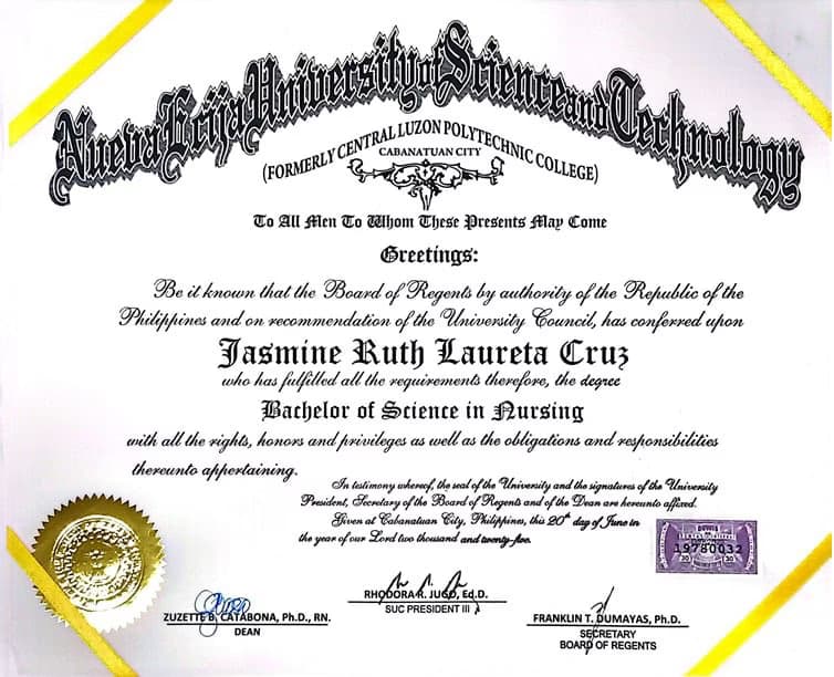 Verified degree or teaching certification of Jasmine Ruth 