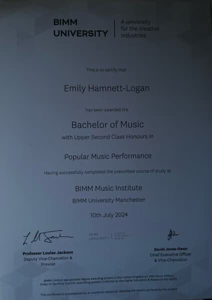 Verified degree or teaching certification of Emily 