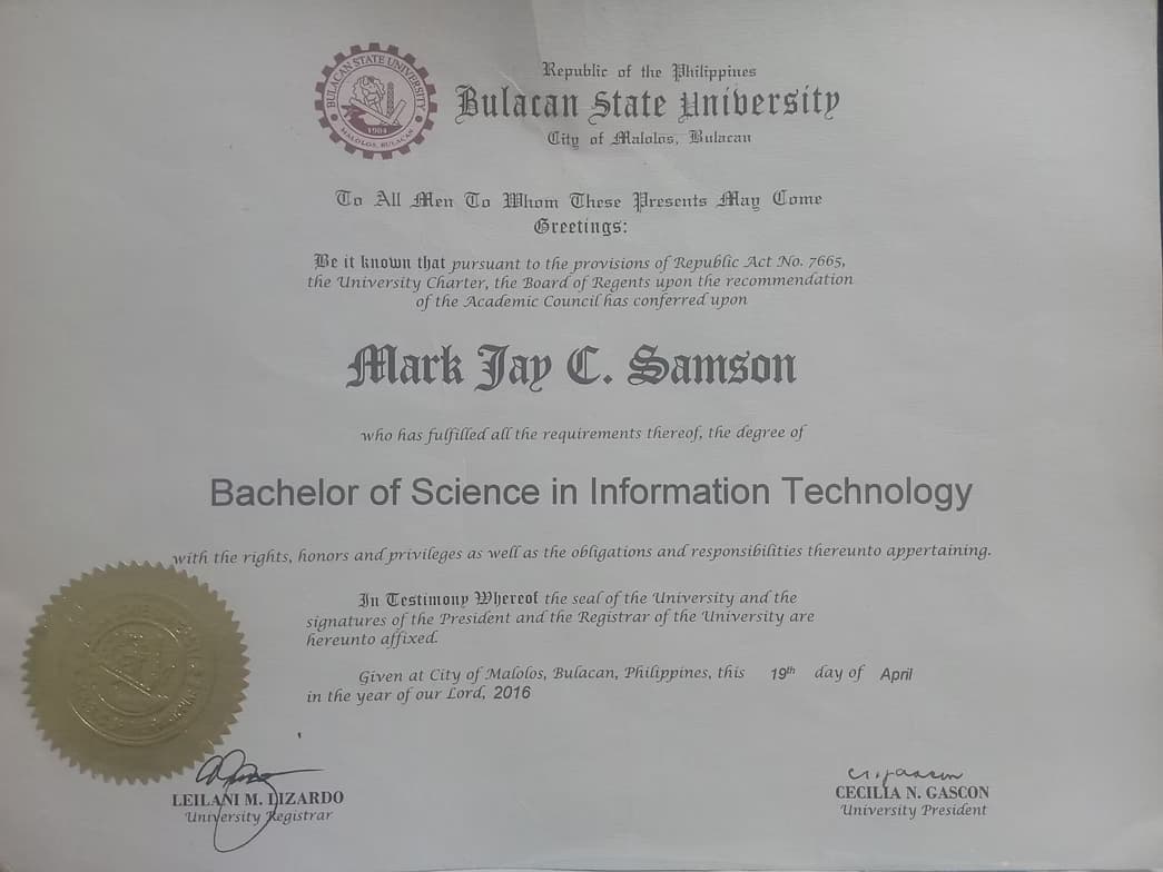 Verified degree or teaching certification of Mark Jay 