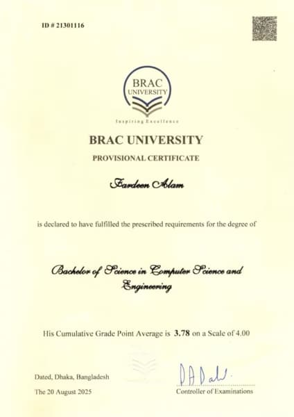 Verified degree or teaching certification of Fardeen 