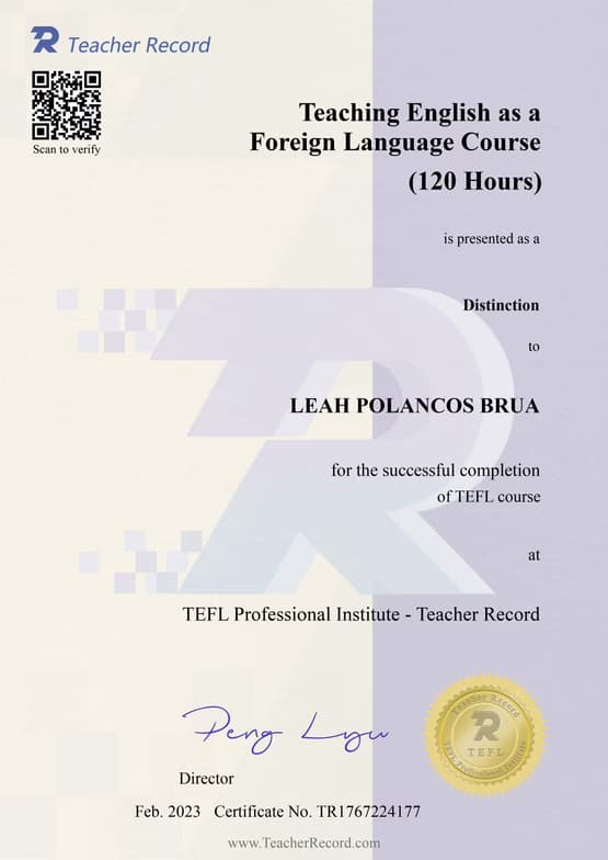 Verified degree or teaching certification of Leah 