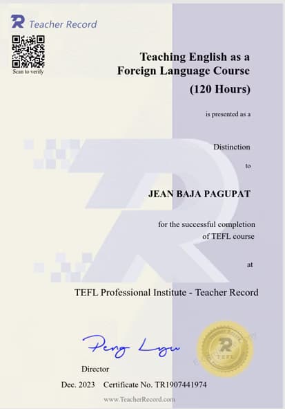 Verified degree or teaching certification of Jean 