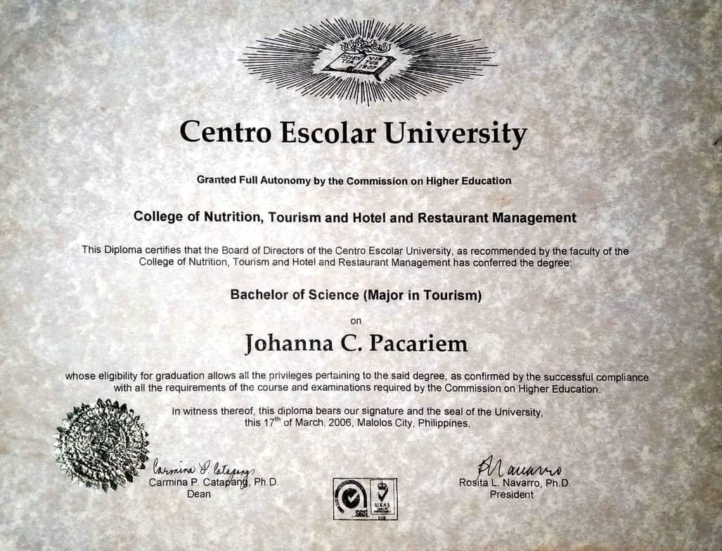 Verified degree or teaching certification of Johanna 