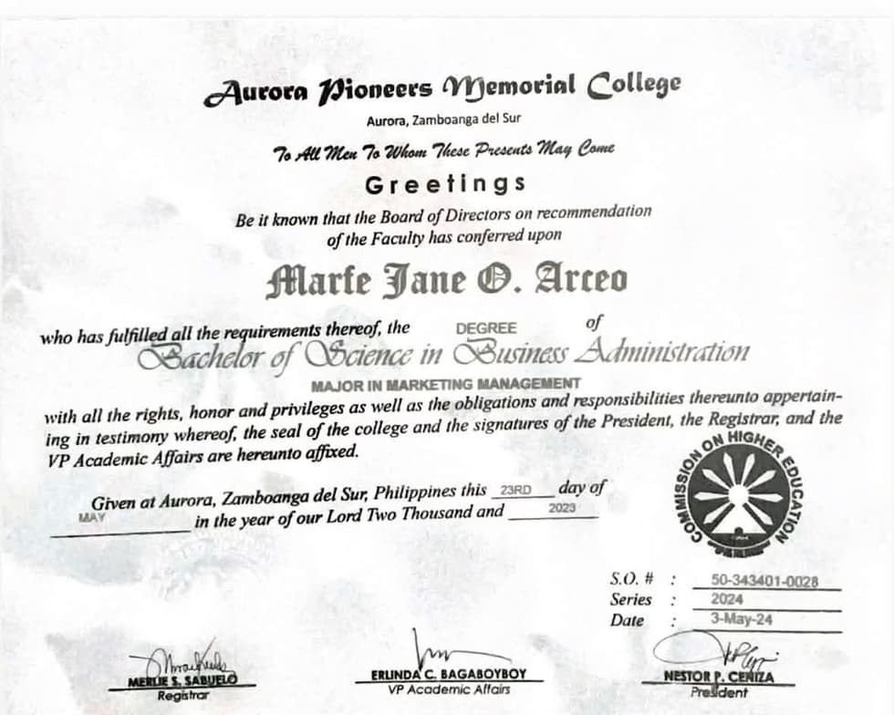 Verified degree or teaching certification of Marfe Jane 