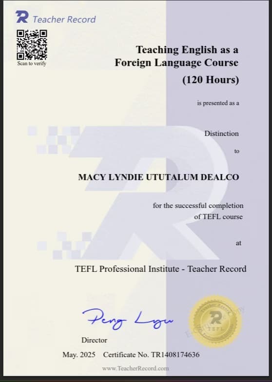 Verified degree or teaching certification of Macy Lyndie 