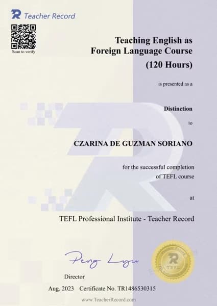 Verified degree or teaching certification of Czarina 