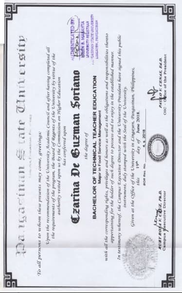 Verified degree or teaching certification of Czarina 