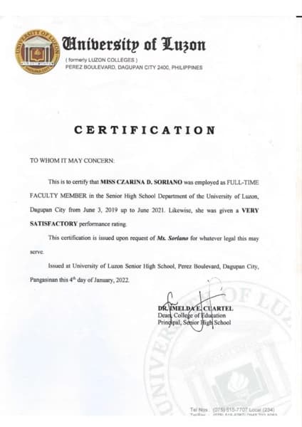 Verified degree or teaching certification of Czarina 