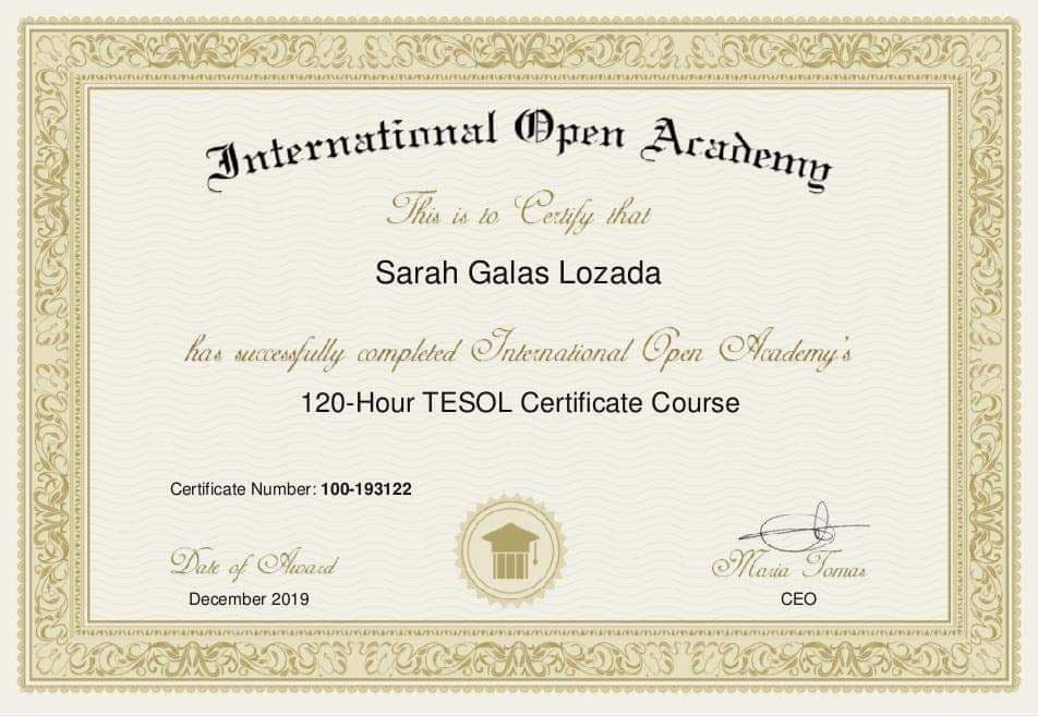Verified degree or teaching certification of Sarah 