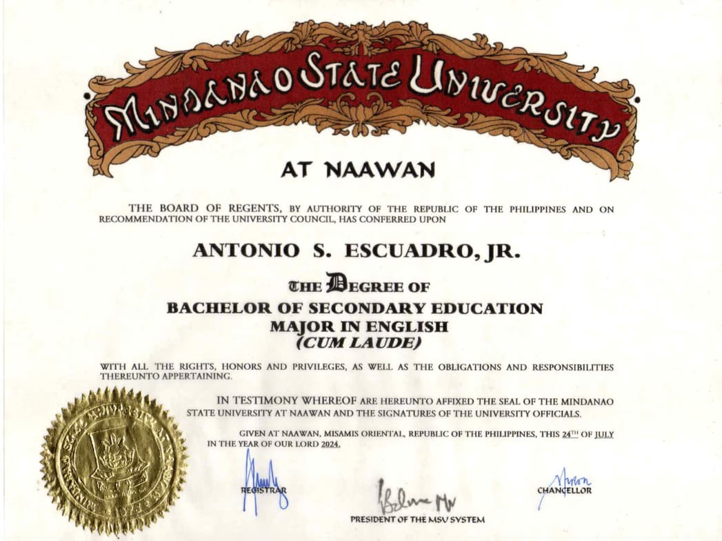 Verified degree or teaching certification of Antonio Jr. 