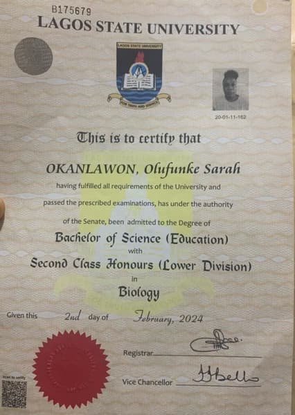Verified degree or teaching certification of Olufunke 