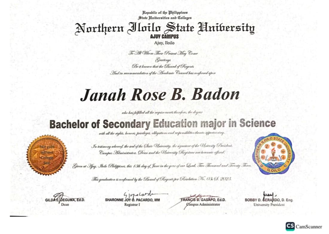Verified degree or teaching certification of Janah Rose 