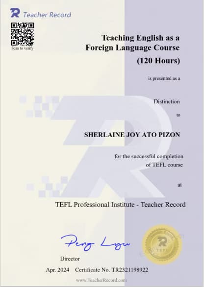 Verified degree or teaching certification of Sherlaine Joy 