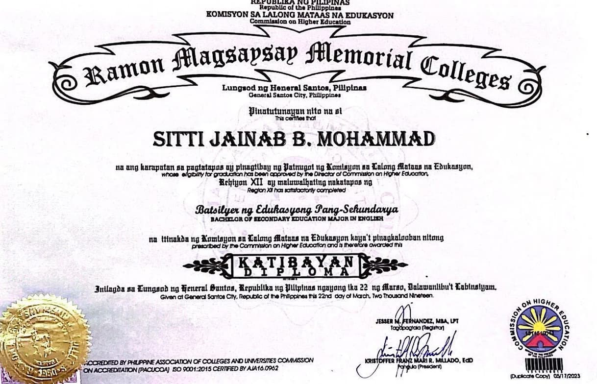 Verified degree or teaching certification of Sitti Jainab 