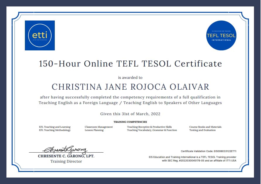 Verified degree or teaching certification of Christina Jane 
