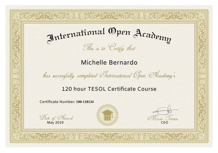Verified degree or teaching certification of Michelle  