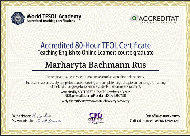 Verified degree or teaching certification of Marharyta 