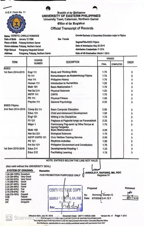 Verified degree or teaching certification of Camille 