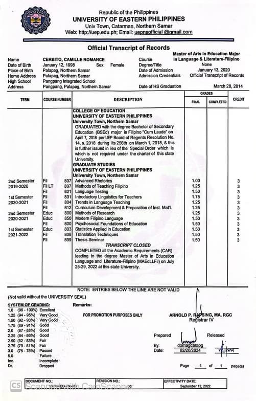 Verified degree or teaching certification of Camille 