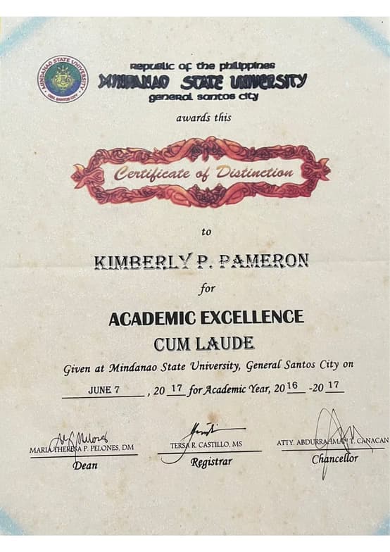 Verified degree or teaching certification of Kimberly 