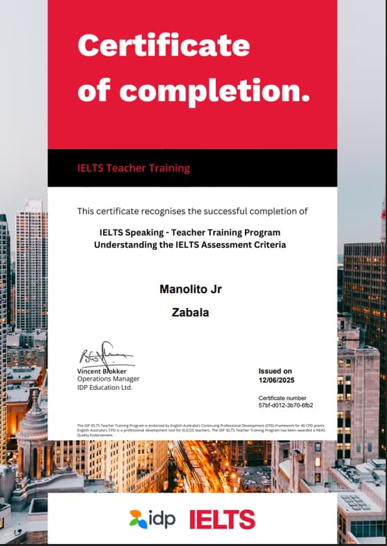 Verified degree or teaching certification of Manolito Jr 
