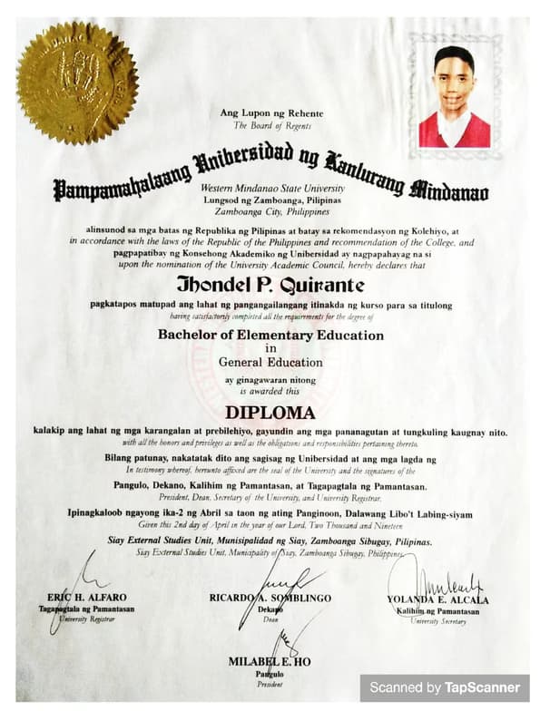 Verified degree or teaching certification of Jhondel 