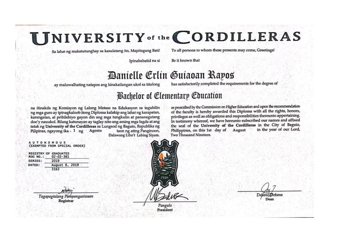 Verified degree or teaching certification of Danielle Erlin 