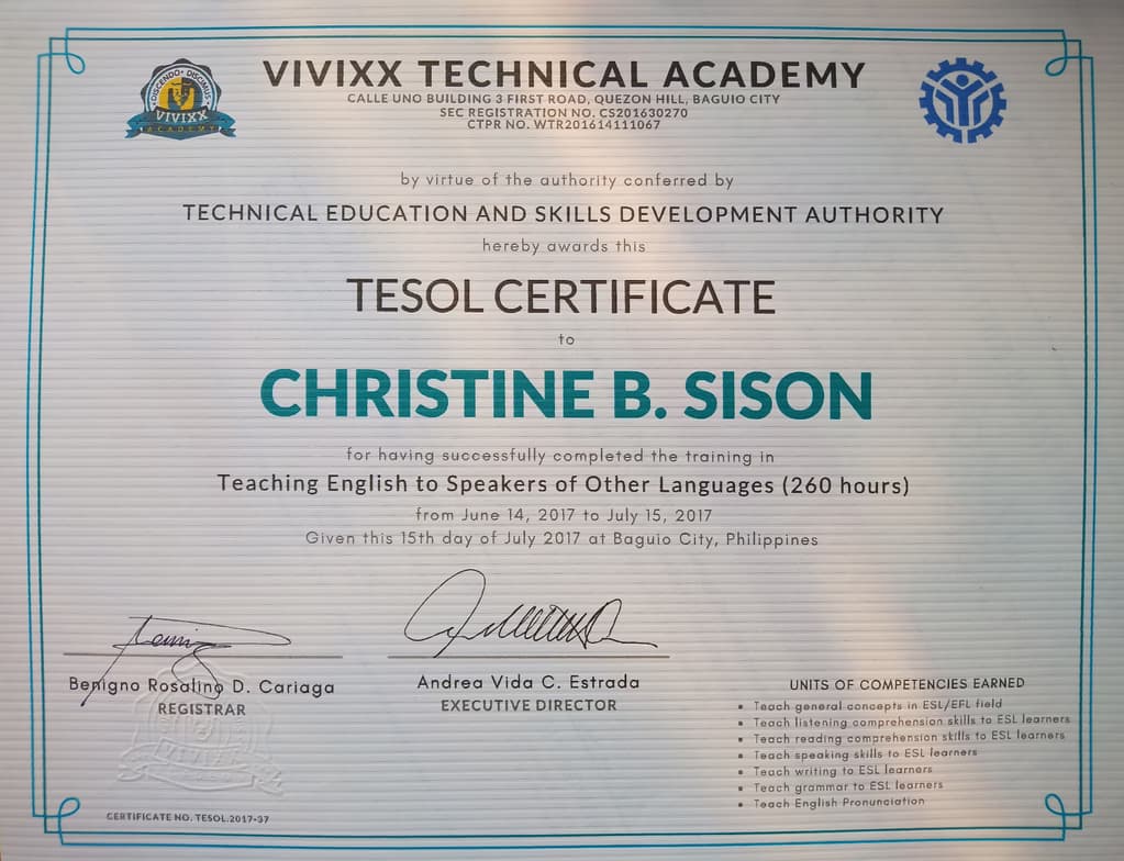 Verified degree or teaching certification of Christine 