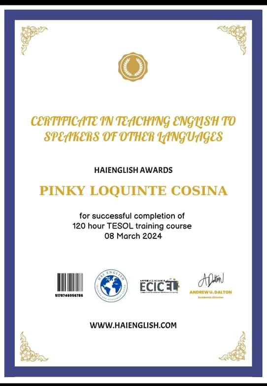 Verified degree or teaching certification of Pinky 