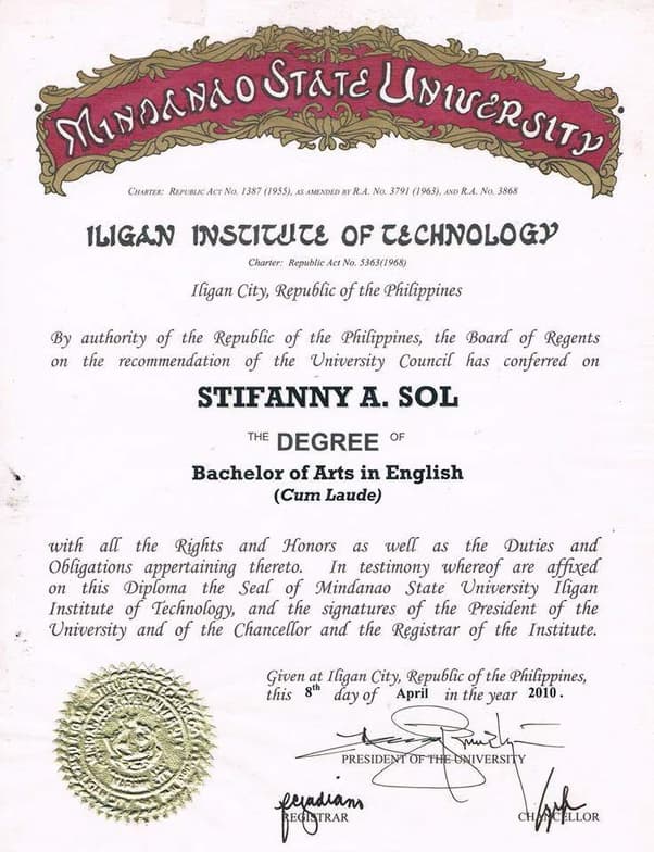 Verified degree or teaching certification of STIFANNY 