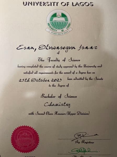 Verified degree or teaching certification of Oluwasegun 