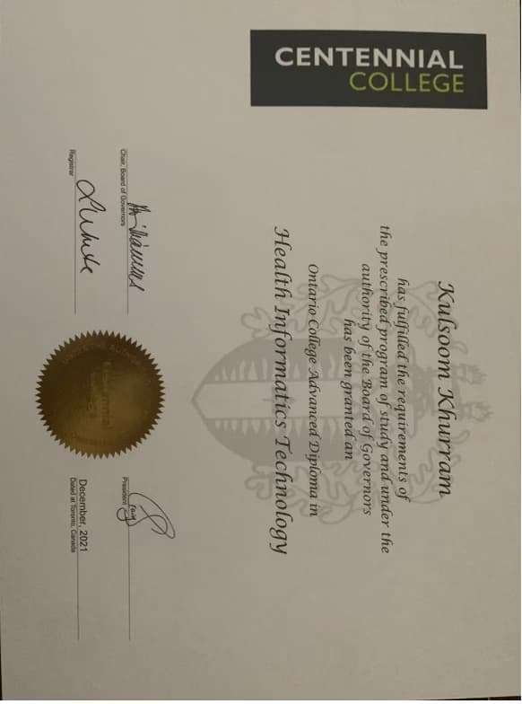 Verified degree or teaching certification of KULSOOM 