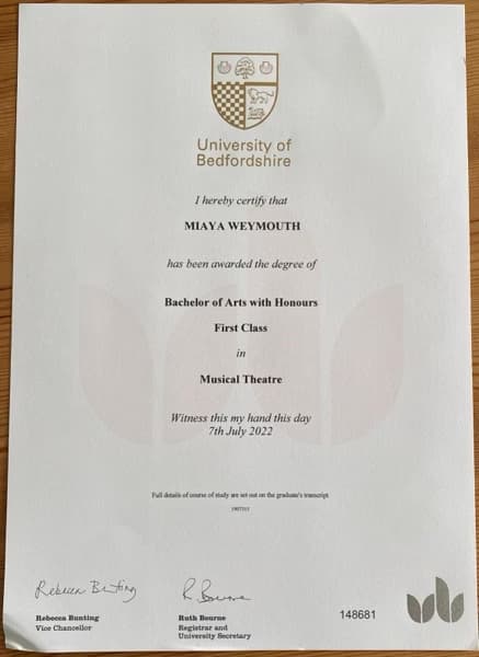 Verified degree or teaching certification of Miaya 