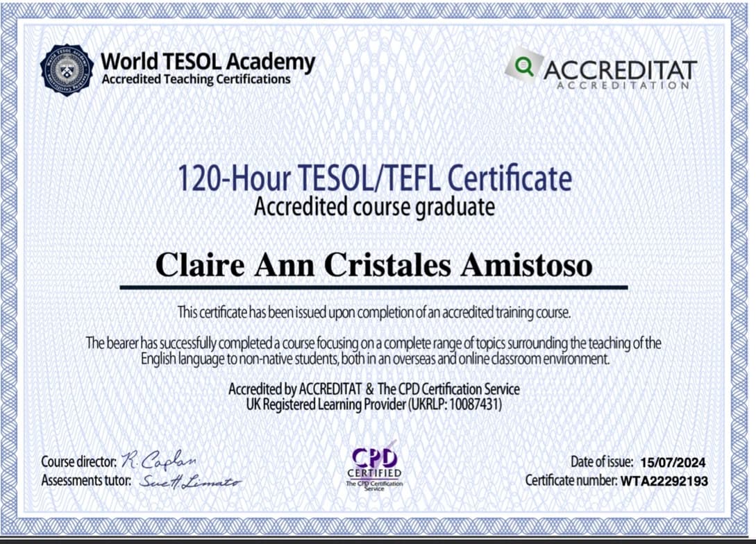 Verified degree or teaching certification of Claire 