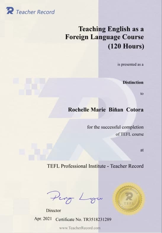 Verified degree or teaching certification of Rochelle Marie 