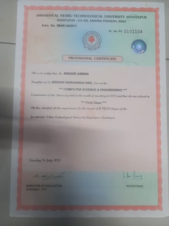 Verified degree or teaching certification of Aswini 