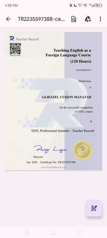 Verified degree or teaching certification of Gliezzel  